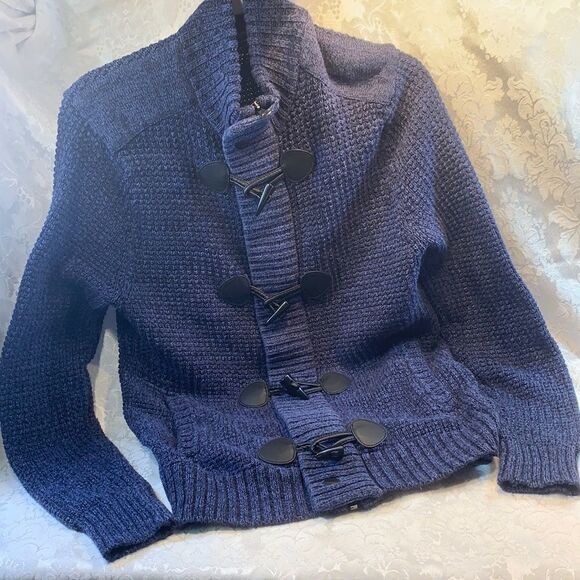 Express Women’s Size Small Blue Knit Sweater Zipper & Black Leather Closure Warm - Picture 1 of 12